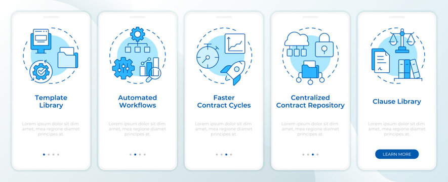 Legal tech platform tools blue onboarding mobile app screen. Legal operations framework. Documentation management. Walkthrough 5 steps editable graphic instructions with linear concepts. UI, UX, GUI