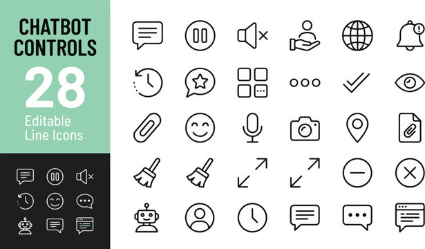 Chatbot Controls Line Icons Set for AI Assistant Chat Interface Design. Minimalist Vector UI UX Symbols for Customer Support, Chat Messaging Apps, and Website Help Desks.