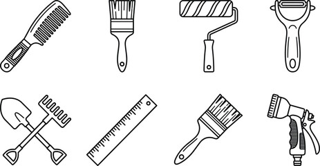 Collection of household and garden tools arranged in a grid for DIY projects and repairs © PUTUL