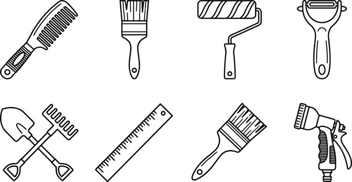 Collection of household and garden tools arranged in a grid for DIY projects and repairs