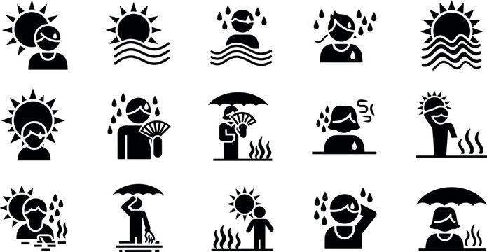 Extreme heatwave and hot summer weather glyph icon set with sweating people sun stroke and dehydration warning symbols