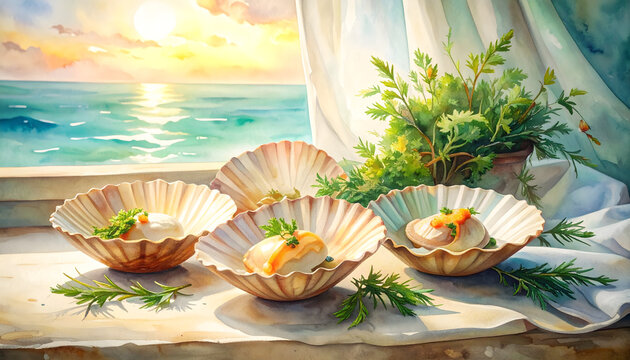 Scallops inside open shells beside seaweed on rustic linen watercolor illustration showcasing fresh seafood and peaceful maritime morning sunlight vibes generative AI