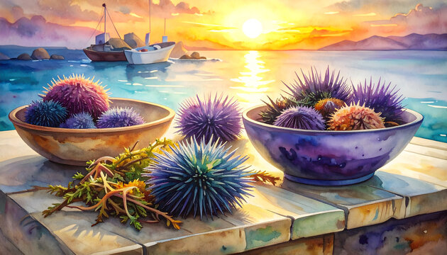 Sea urchins with seaweed and ceramic bowls on a seaside table watercolor illustration showcasing fresh seafood and relaxed Mediterranean coastal vibes generative AI