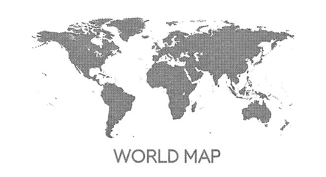 Dotted world map illustration composed of small black circles forming the continents against a clean white background.