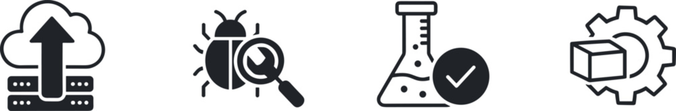 Minimal black linear graphic icons for tech engineering database hosting debugging quality assurance check and industrial process management