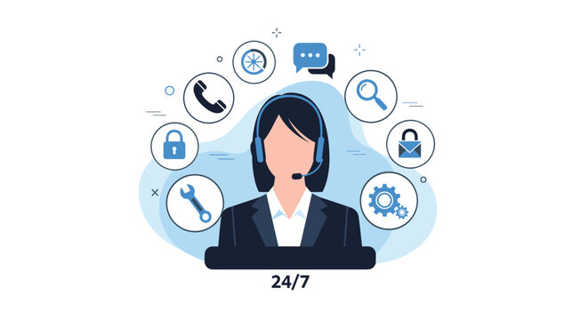 Concept illustration for 24-7 customer support featuring a female agent with headset surrounded by service icons.