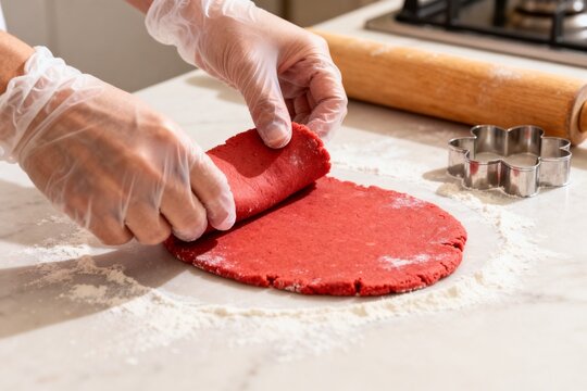 Person rolling red dough with cookie cutter