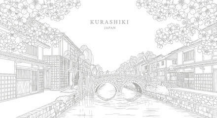 Obraz premium A lineart drawing of the Kurashiki canal in Japan featuring a stone bridge willow trees and traditional architecture