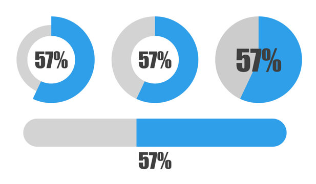57％の円グラフとプログレスバーセット パーセンテージ表示アイコン素材57 Percent Chart and Progress Bar Set Circle Graph and UI Elements
