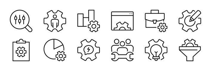 Fototapeta premium Business Settings thin line icon set. Configuration, User Interface, Management, Control, Setup concept. Black outline vector gear icons collection.