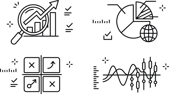 Business data analytics financial market research swot matrix and stock trading graph line icons set for strategic management