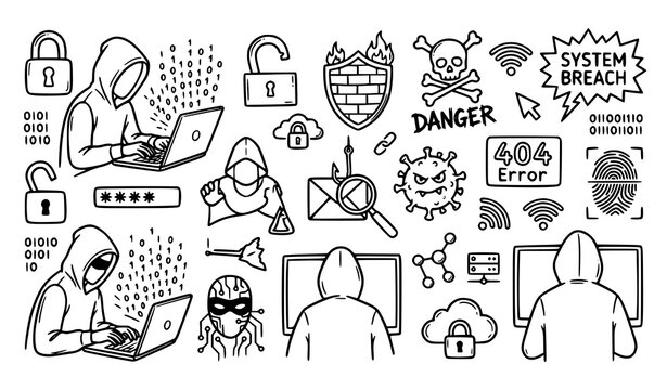 Hand drawn hacker doodle icon set with anonymous cyber criminal laptop and skull security symbols vector illustration