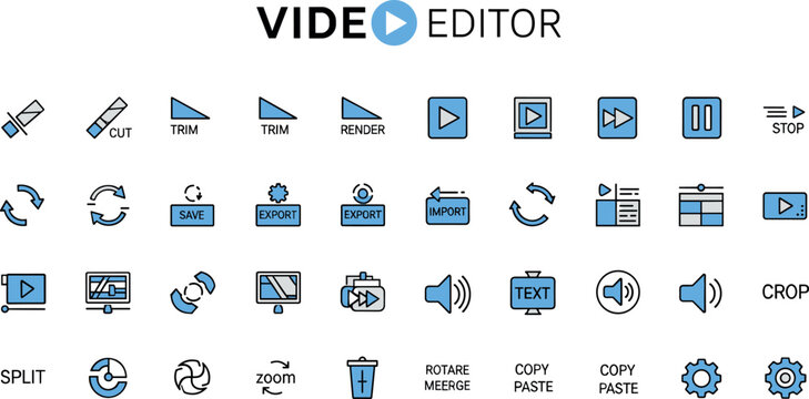 Video editor icon vector collection with play pause trim export import crop and media editing tools