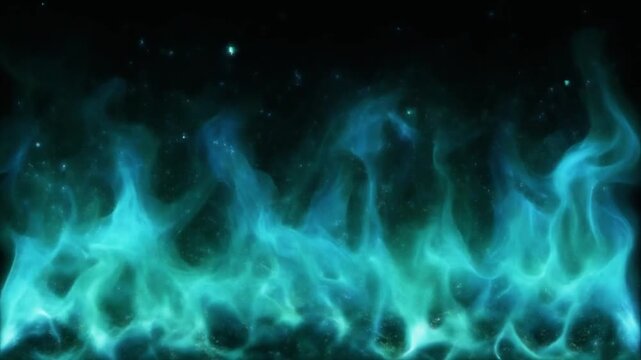 Abstract blue energy flames and cosmic nebula wisps. Glowing turquoise gas clouds moving against dark starry background. Ethereal science fiction space background video loop.