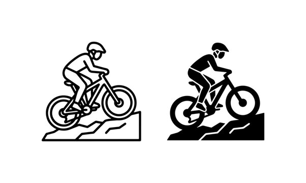 Mountain Biker Icons, Downhill Cycling Vector Graphics, Extreme Sport Silhouette
