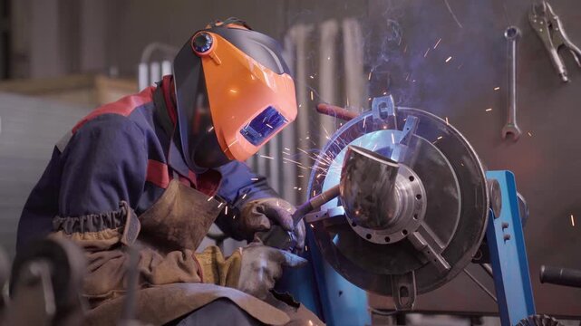 Welder man worker metal welding sparks, rinding metal construction in metal industry. Lots of sparks in factory.