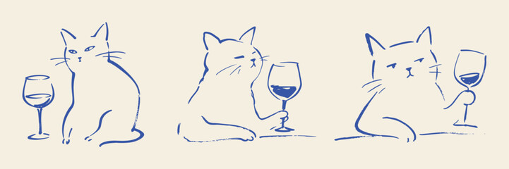 Hand drawn doodle sketch cat holding wine glass, cute feline character enjoying a drink in relaxed playful pose. Funny animal illustration, quirky pet concept graphic © shital