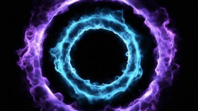 Abstract energy ring background. Glowing blue plasma circle surrounded by purple smoke. Seamless loop motion graphics. Sci-fi portal effect on black background for video production.