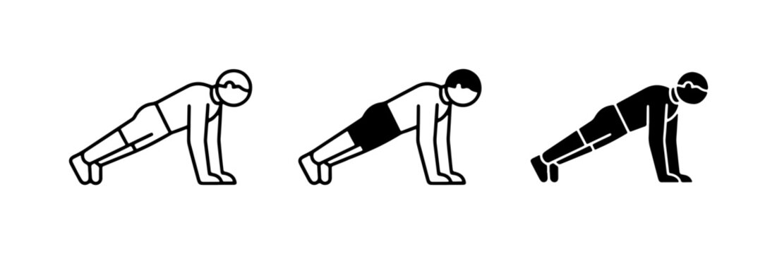 Fitness Icons: Push-up Exercise Variations, Silhouette and Line Art