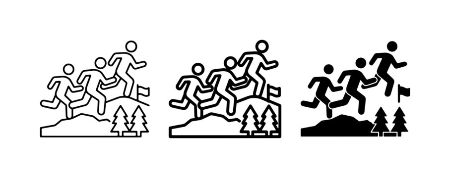 Running Icons Set, Trail Race, Mountain Climbing, Teamwork, Victory Flag
