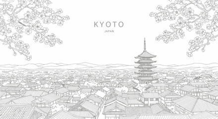 Detailed line art illustration of Kyoto, Japan, featuring traditional rooftops, a prominent pagoda, and cherry blossoms against a mountain backdrop. © Julian Vance