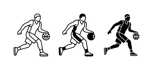Basketball Player Dribbling Icons, Line Art and Silhouette © Zahidul
