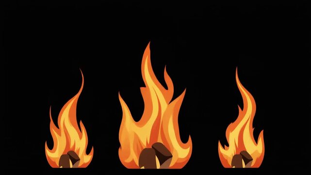 Campfire seamless pattern vector illustration. Burning orange flames with brown wooden logs. Static repeating grid on black background. Ideal for gaming backgrounds and holiday animations.