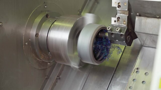 Lathe industrial turning machine operation. Cnc milling machine in operation with metal gear. Precision alignment ensures secure clamping.