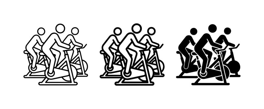 Group Cycling Class Icons, Spin Bike Workout, Fitness Studio Vector