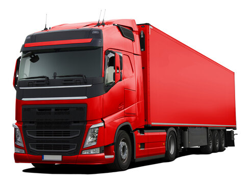 A modern European truck with a cab and semi-trailer in full red. Front side view isolated on white background.