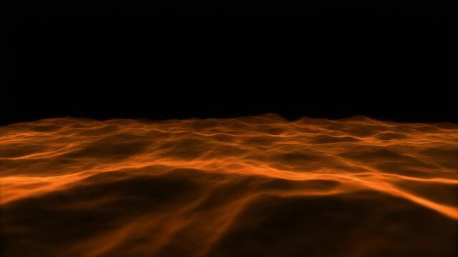Orange glowing undulating surface. Abstract liquid fire waves rippling across a dark horizon. Amber energy field with rhythmic motion against a solid black background.