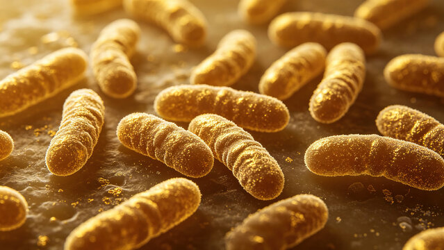 Scanning electron microscopy images of Escherichia coli colonizing the surface of nutrient agar, showing natural gold coating contrast and realistic bacterial surface morphology.