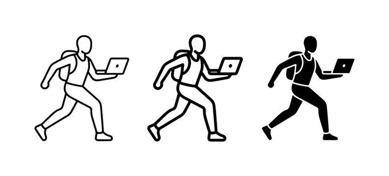 Running Person with Laptop Icon Set, Digital Nomad, Freelancer, Student