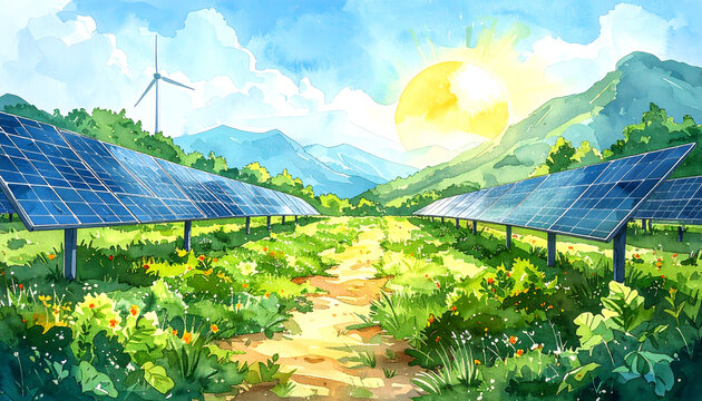 Solar panels showing circular economy recycling and new materials in a continuous cycle watercolor illustration showcasing sustainable process and professional green vibes generative AI