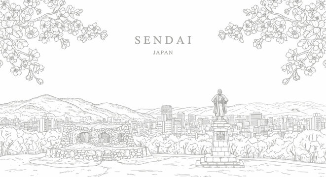 Line art illustration of Sendai Japan featuring a statue of Date Masamune stone ruins a city skyline and cherry blossoms