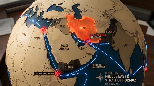Globe model displays a geopolitical map of the Middle East and highlights critical maritime straits for global energy distribution.