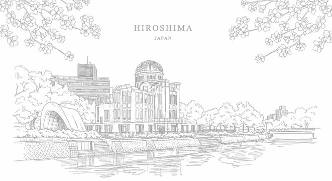 Line art illustration of the Hiroshima Peace Memorial with cherry blossoms framing the top corners and a river in front