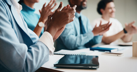 Meeting, clapping hands and business people with tablet in office for funding approval and success....