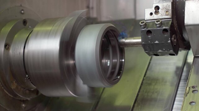 Lathe industrial turning machine operation. Cnc milling machine in operation with metal gear. Precision alignment ensures secure clamping.