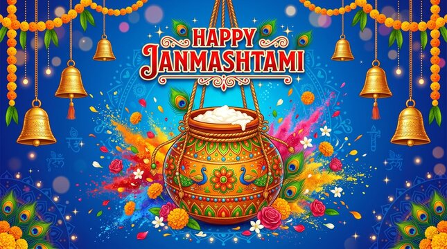 Vibrant dahi handi decorated with colorful patterns for happy janmashtami celebration