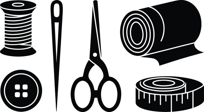 Sewing kit icons: thread spool needle scissors fabric roll measuring tape button with sewing machine scissors measuring handmade tailoring clothing collection illustration background
