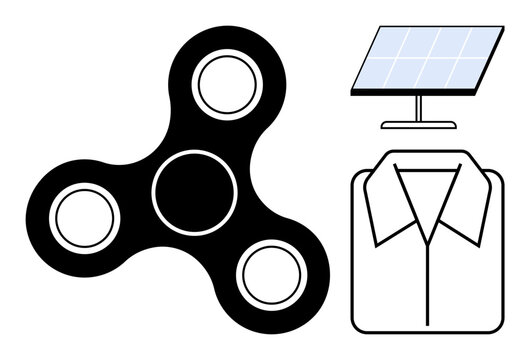 Renewable energy, casual fashion, stress relief, technology trends, sustainability ideas, hybrid concepts. A black fidget spinner, solar panel and shirt outline are . Renewable energy and stress