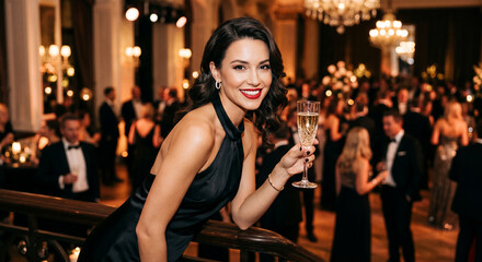 A woman in a black dress holds a champagne flute at a formal evening event with a crowd in the background. © JuanM