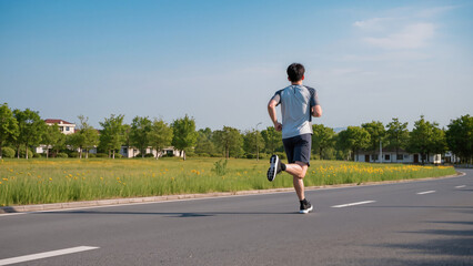 Fototapeta premium Urban Fitness Routine ​Running Along the City Park ​Morning Jog on Asphalt Road ​Road Training Session ​City Runner Perspective ​Speed and Endurance Workout ​Athletic Stride on the Street 