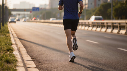 Fototapeta premium Urban Fitness Routine ​Running Along the City Park ​Morning Jog on Asphalt Road ​Road Training Session ​City Runner Perspective ​Speed and Endurance Workout ​Athletic Stride on the Street 