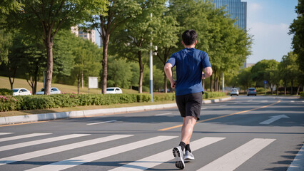 Fototapeta premium Urban Fitness Routine ​Running Along the City Park ​Morning Jog on Asphalt Road ​Road Training Session ​City Runner Perspective ​Speed and Endurance Workout ​Athletic Stride on the Street 