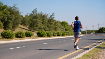 Obraz premium Urban Fitness Routine ​Running Along the City Park ​Morning Jog on Asphalt Road ​Road Training Session ​City Runner Perspective ​Speed and Endurance Workout ​Athletic Stride on the Street 