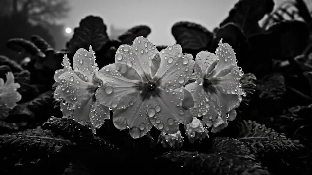 Black and white close up of water droplets on blooming primrose flowers surrounded by foliage