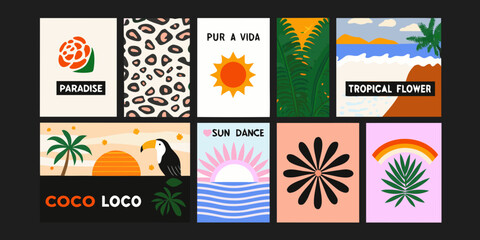 Obraz premium retro tropical poster set with suns flowers and palm leaves