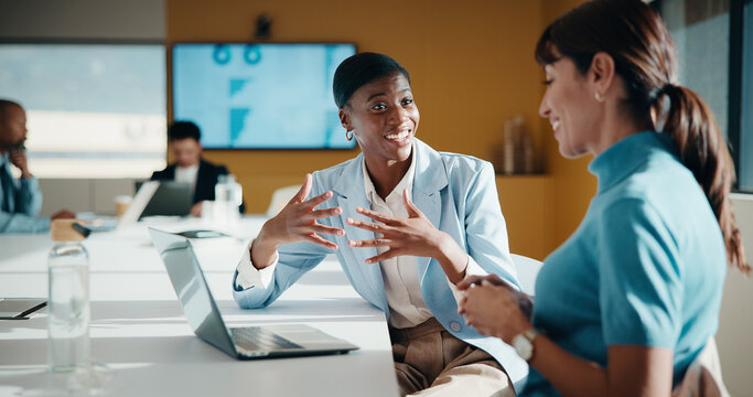 Finance, manager or team in office with laptop, director feedback or advice on investment project. Women, guidance or stats analyst with smile, budget meeting or mentor insight on revenue report.
